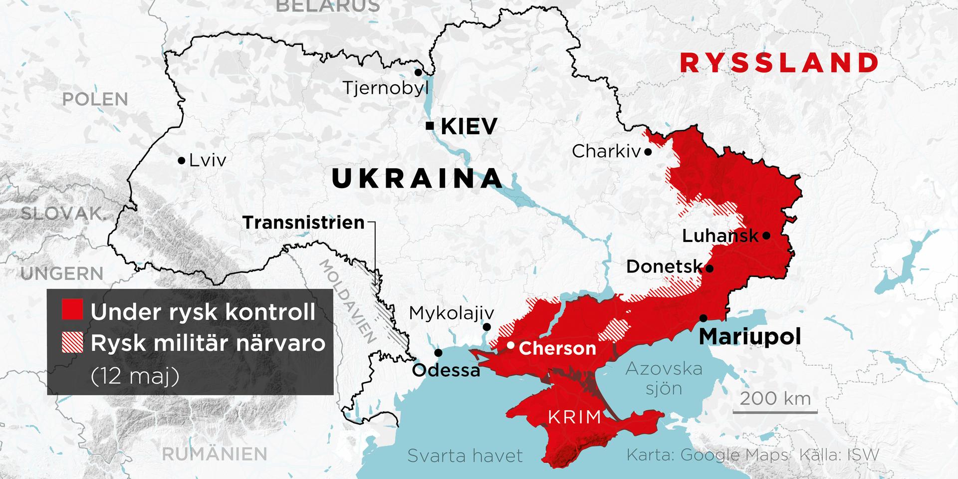 Områden under rysk kontroll samt områden med rysk militär närvaro 12 maj.