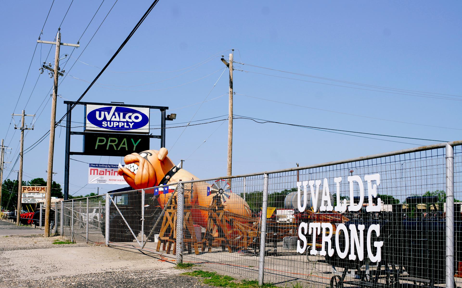A business with “Uvalde Strong” displayed on it’s fence, for the children killed in a mass shooting at Robb Elementary school in Uvalde, TX., May 26, 2022. (Photo/Katie McTIernan)