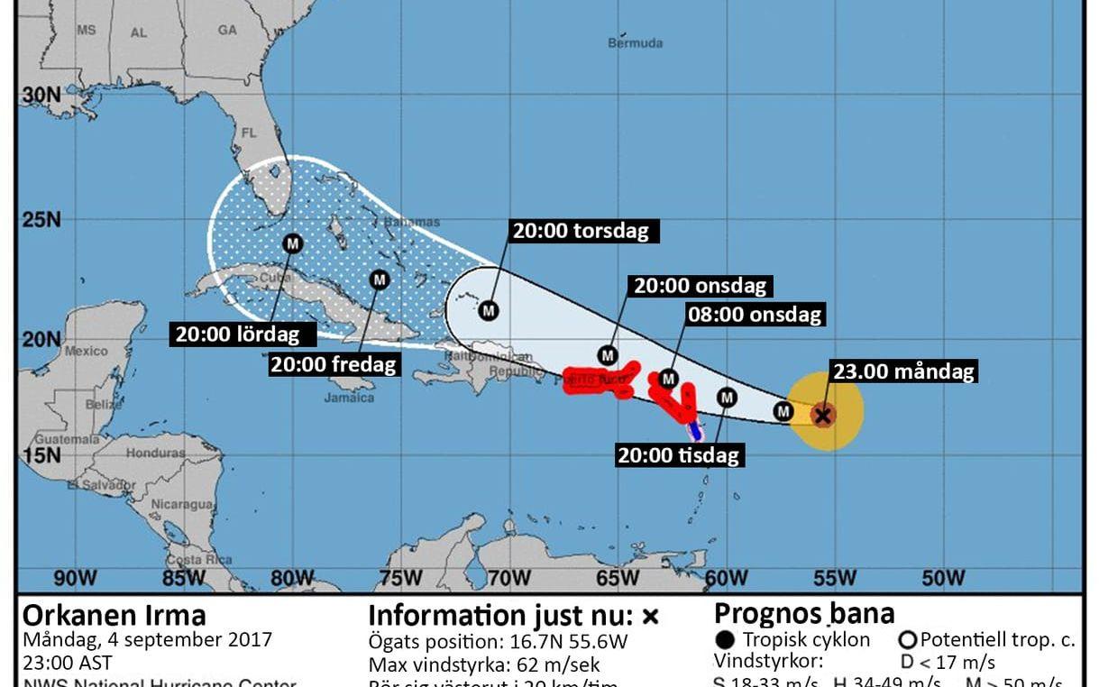 Grafik från NOAA som visar orkanen Irmas mest sannolika bana över karibien och in över florida.