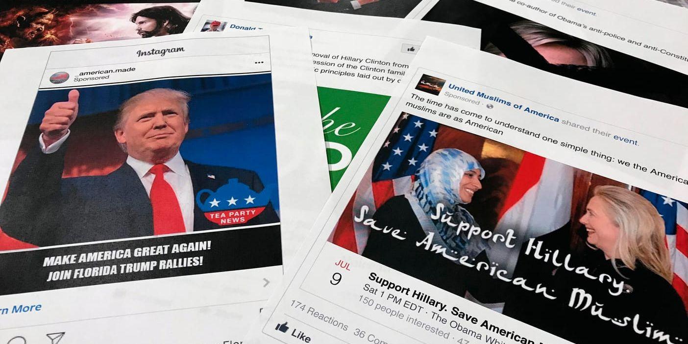 Inför presidentvalet i USA hösten 2016 förekom en rad Facebook- och Instagraminlägg som syftade till att spä på vissa typer av åsikter, orsaka splittring i samhället och påverka valresultatet. Här ses några exempel på sådana köpta annonser, som har kunnat spåras till ryska aktörer och som lades fram av underrättelseutskottet i representanthuset.