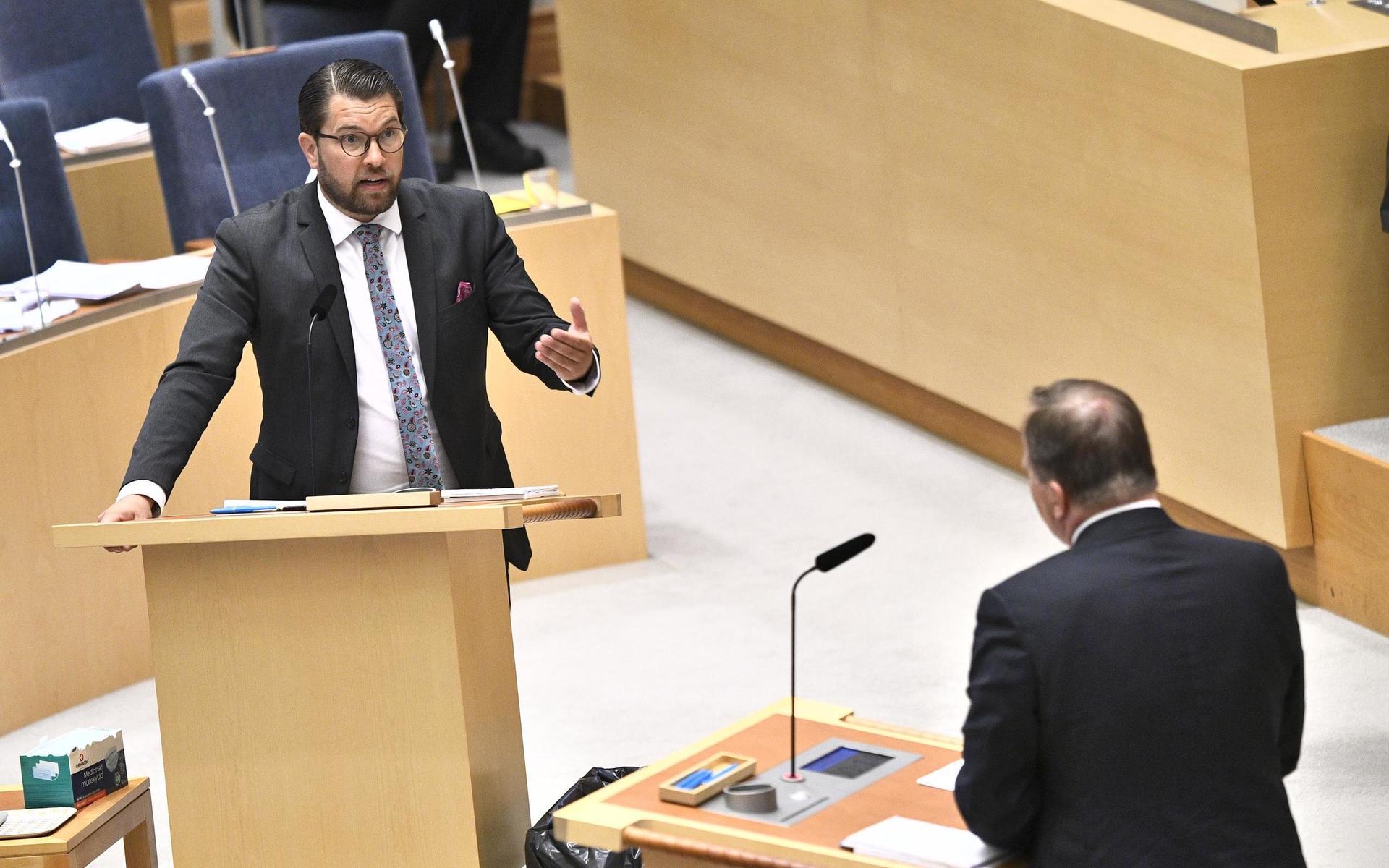 Sverigedemokraternas partiledare Jimmie Åkesson (SD) och Socialdemokraternas partiledare Stefan Löfven (S) under partiledardebatten i riksdagen.