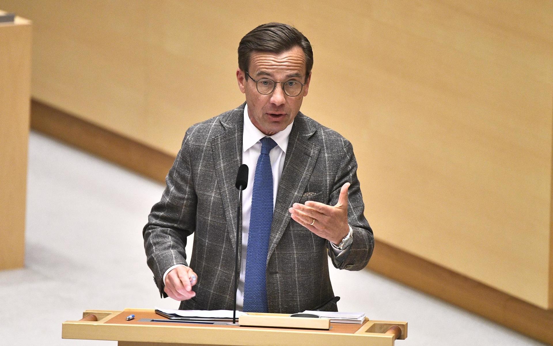 Moderaternas partiledare Ulf Kristersson (M) under partiledardebatten i riksdagen.