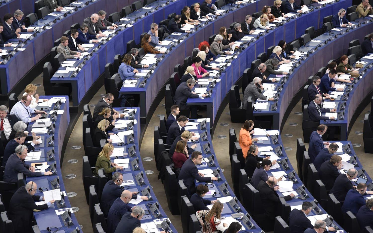 EU-parlamentets ledamöter på plats inne i plenisalen i Strasbourg. Arkivbild.