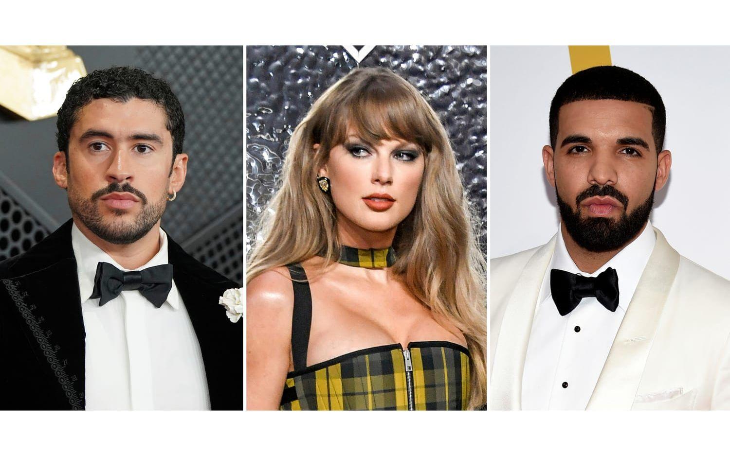 Spotifys prispall. Tvåan Bad Bunny, guldmedaljören Taylor Swift och Drake på tredje plats – de mest strömmande artisterna i strömningsjättens 20-åriga historia. 