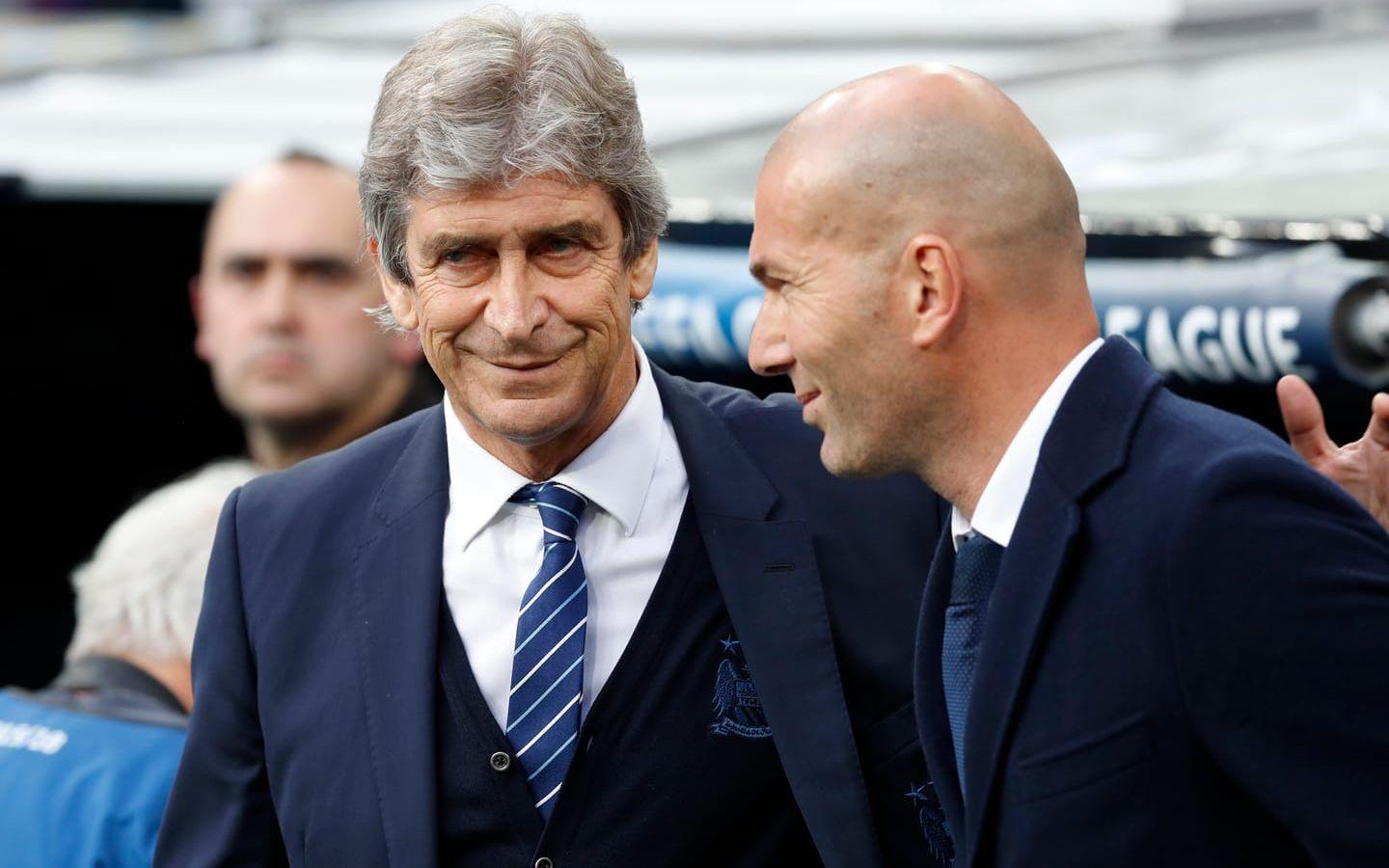 Citys manager Manuel Pellegrini och hemmacoachen Zinedine Zidane. Foto: Bildbyrån