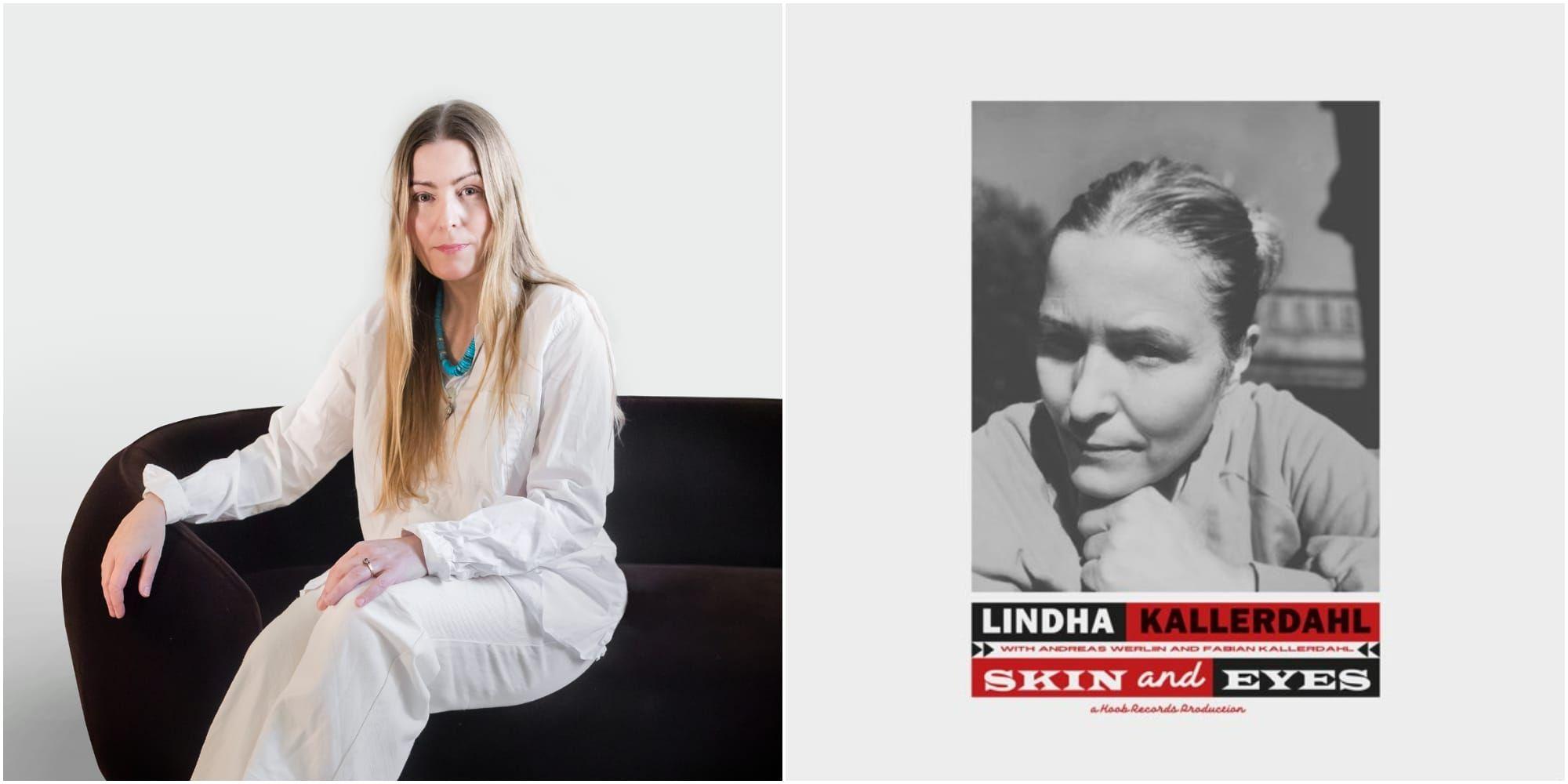 Linda Kallerdahl sitter vitklädd i en svart soffa. 