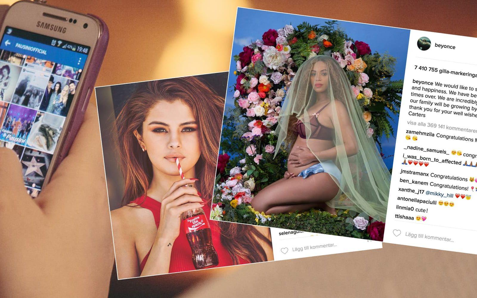 Beyoncé har gått om Selena Gomez  och har nu rekordet i flest antal gillamarkeringar på Instagram. Foto: SplitShire och skärmdumpar från Instagram