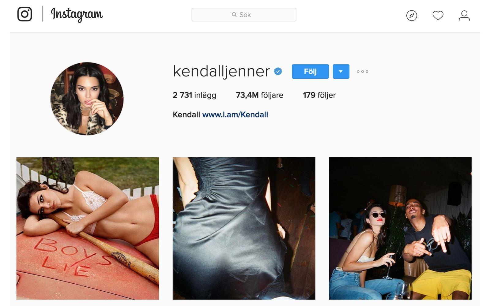Kendall Jenner har 73,4 miljoner följare och följer själv 179 konton. Foto: Skärmdump från Instagram