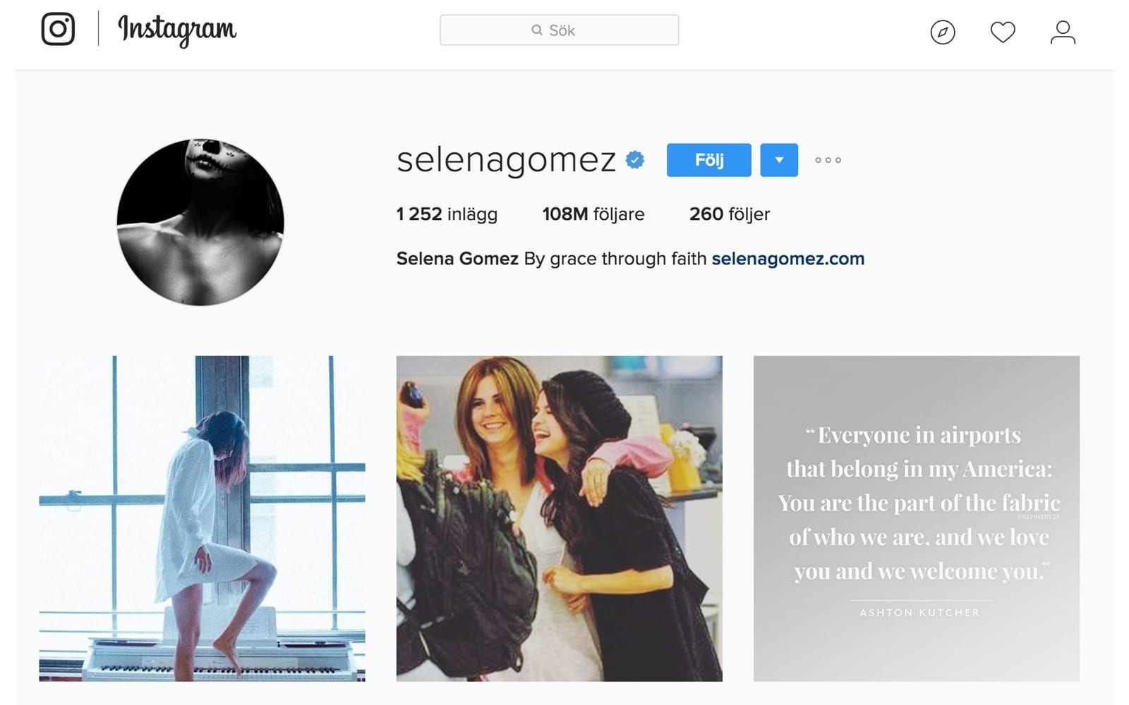 Med sina 108,5 miljoner följare på Instagram är artisten Selena Gomez är den privatperson som har flest följare i hela världen. Själv följer hon 260 konton. Foto: Skärmdump från Instagram