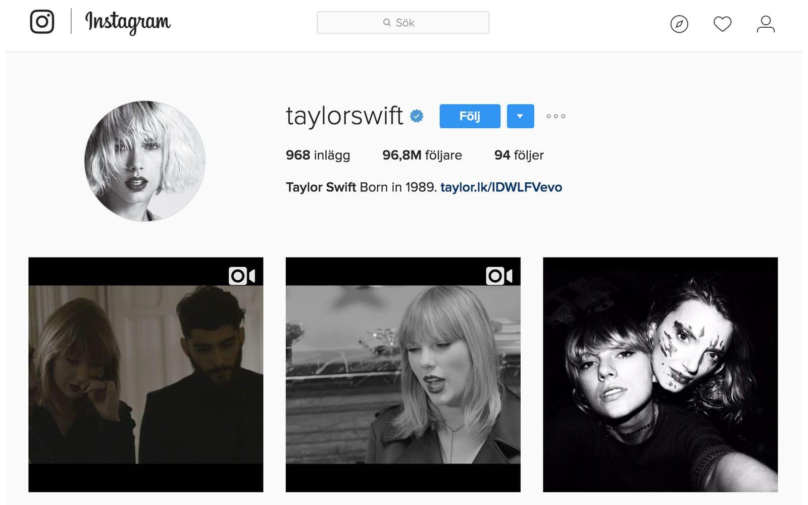 Artisten Taylor Swift har 96,8 miljoner följare och följer själv 94 konton. Foto: Skärmdump från Instagram