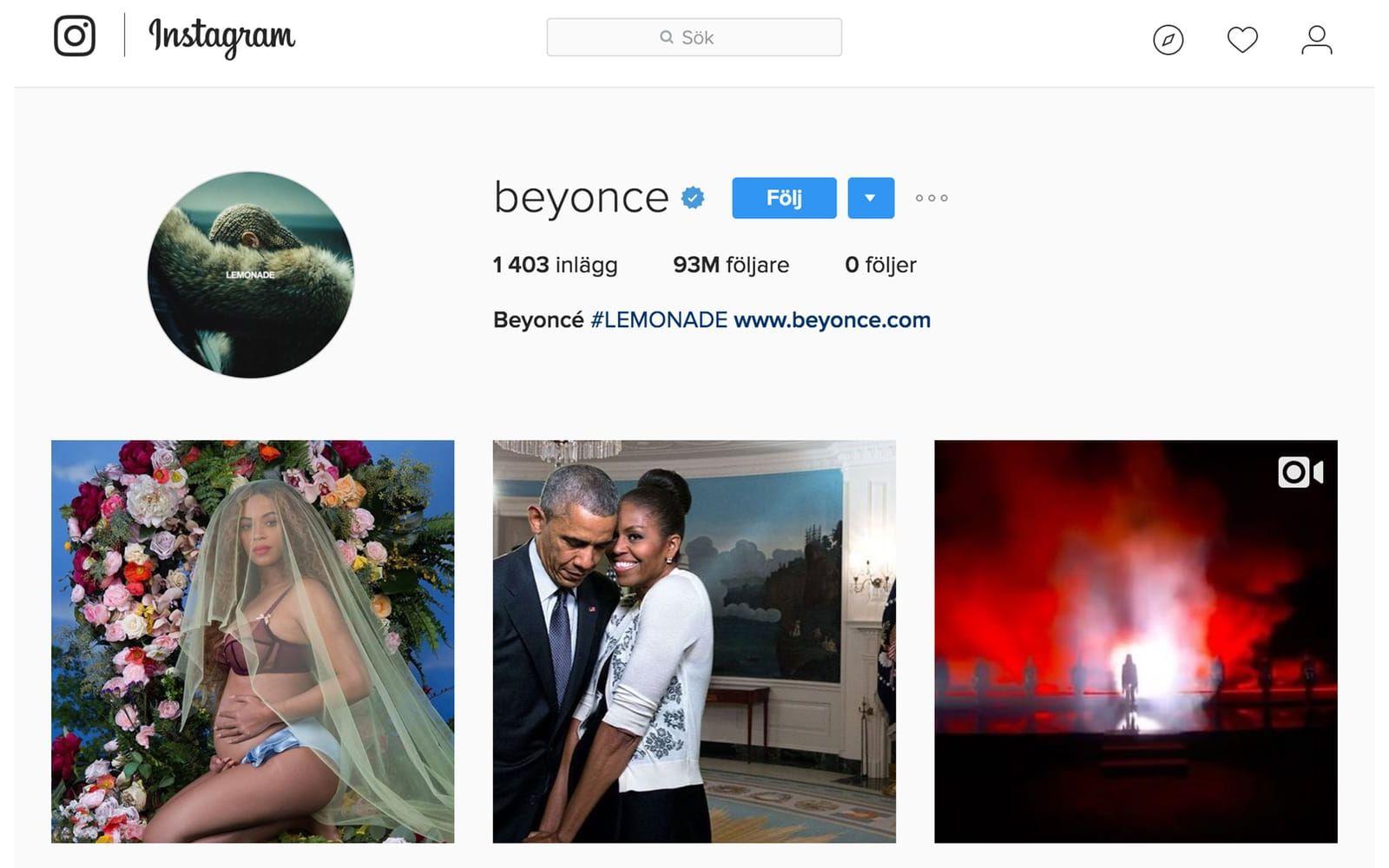 Artisten Beyoncé har 92,9 miljoner följare. Själv följer hon inga konton alls. Foto: Skärmdump från Instagram