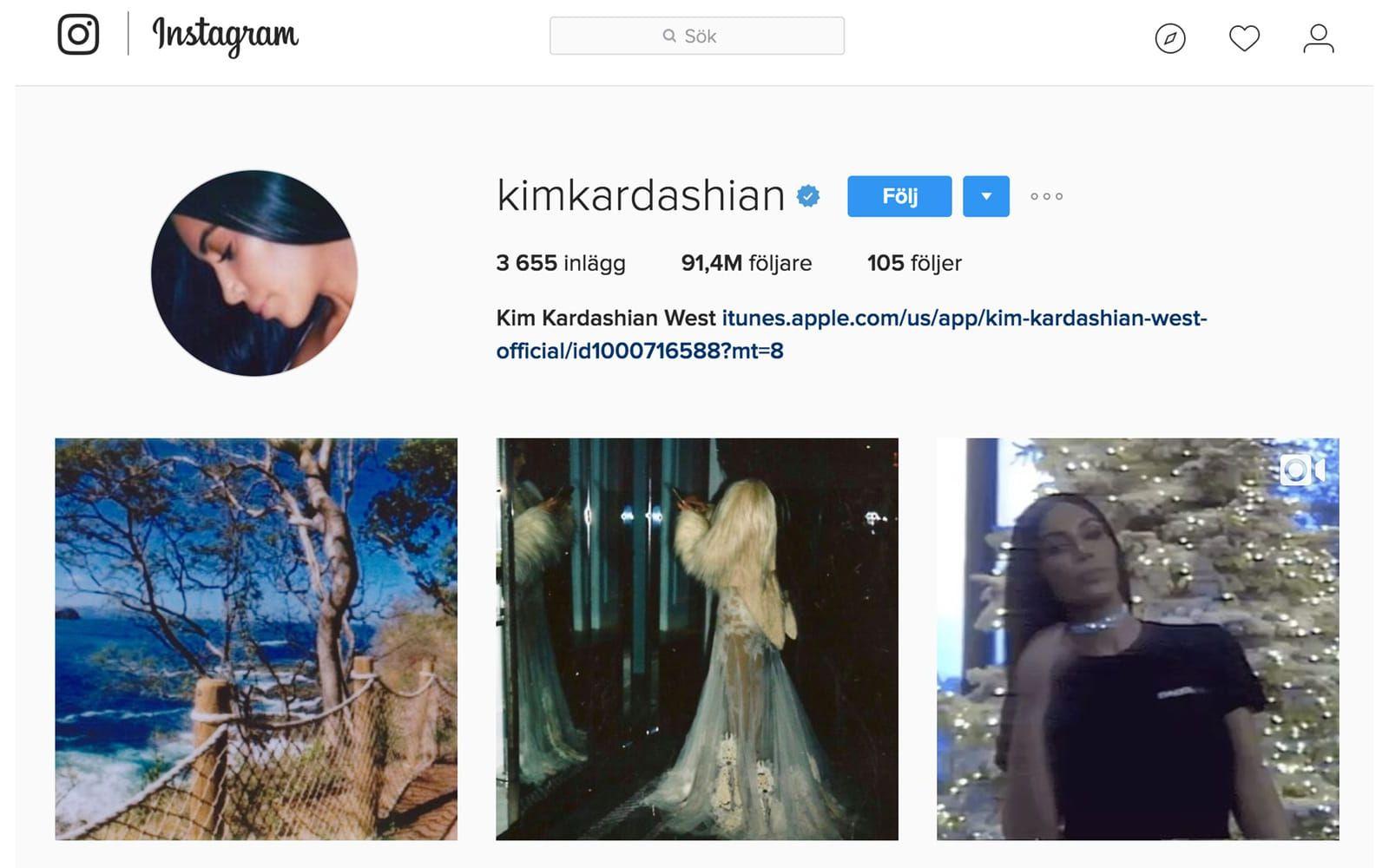 Kim Kardashian har 91,4 miljoner följare och följer själv 105 konton. Foto: Skärmdump från Instagram
