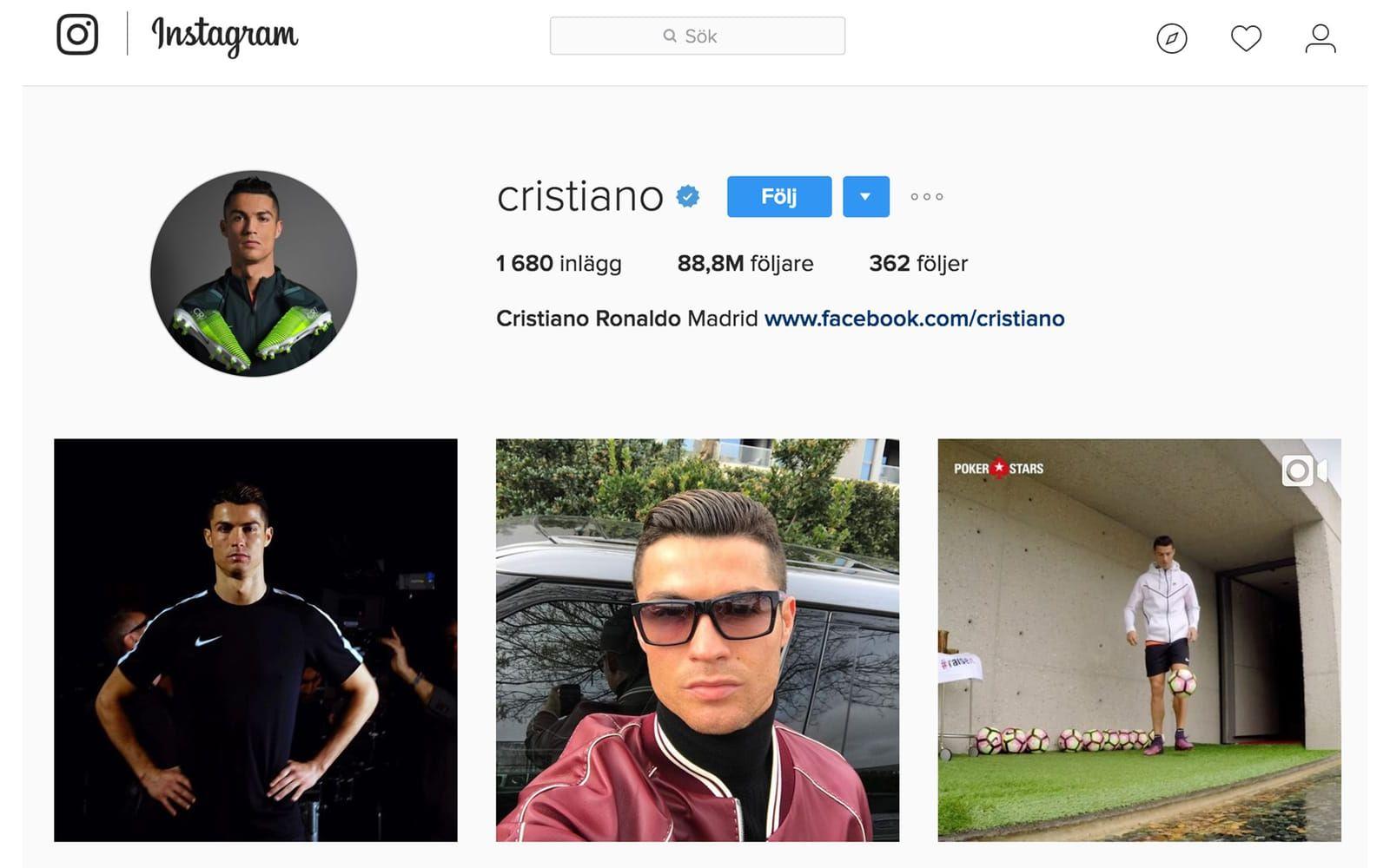 Den portugisiske fotbollsspelaren Christiano Ronaldo är den enda icke-amerikanen på topp 10-listan. Han har 88,8 miljoner följare och följer själv 362 konton. Foto: Skärmdump från Instagram