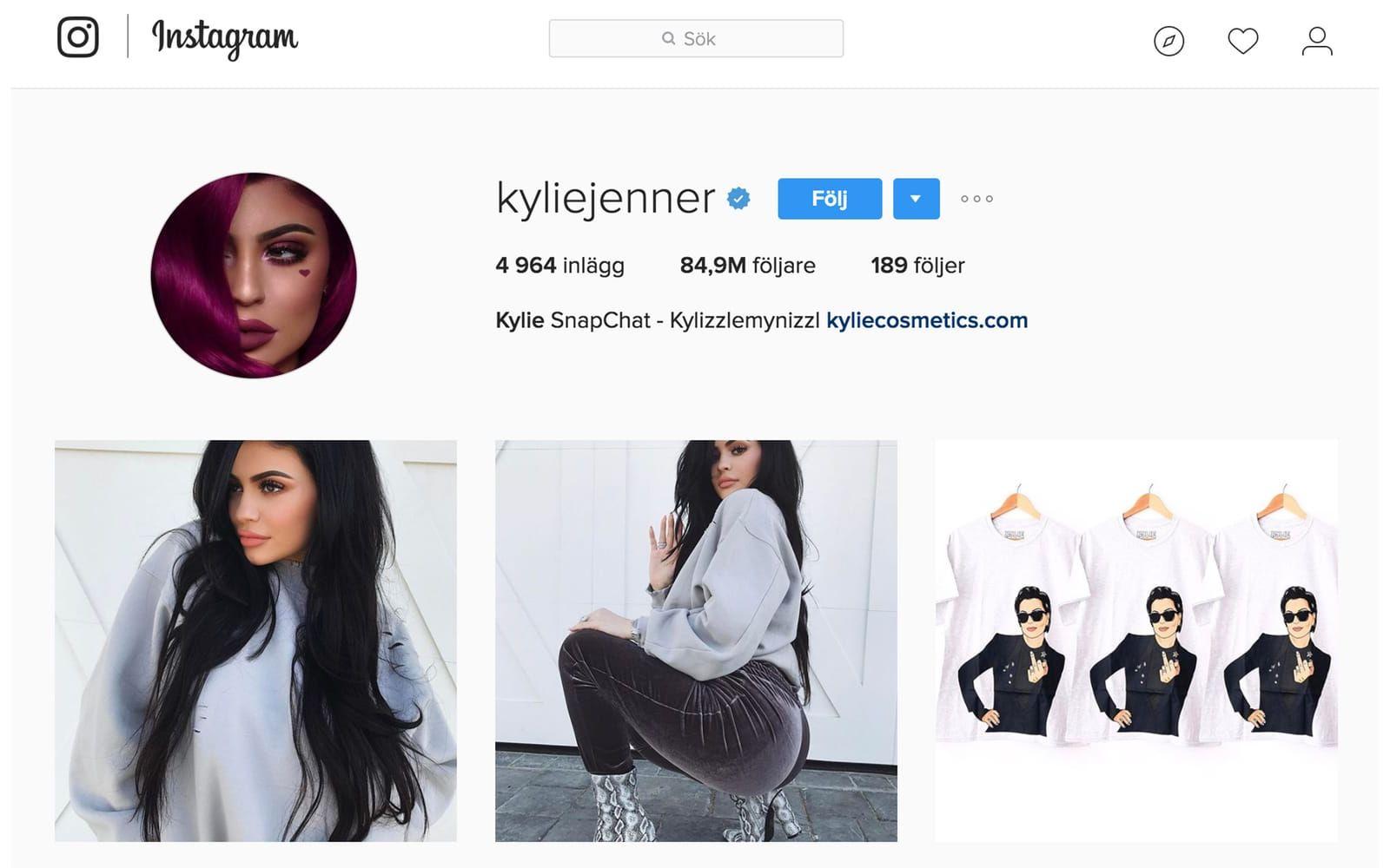 Kylie Jenner har 84,8 miljoner följare och följer själv 189 konton. Foto: Skärmdump från Instagram