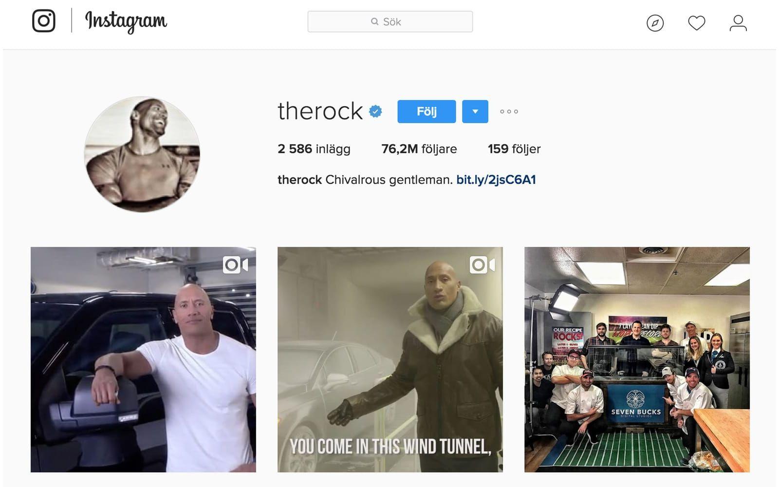 Skådespelare och wrestlaren Dwayne ”The Rock” Johnson har 76,2 miljoner följare. Själv följer han 159 konton. Foto: Skärmdump från Instagram