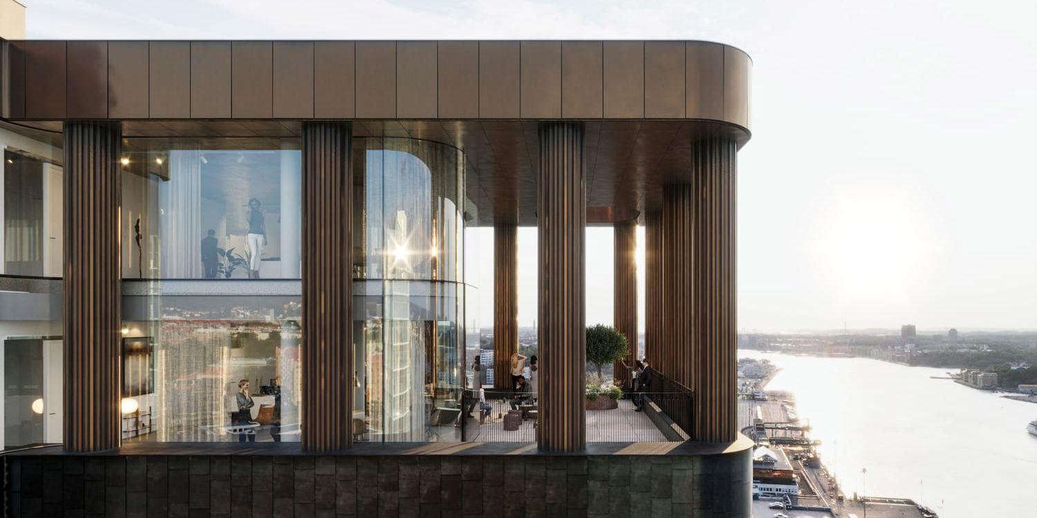 Toppen av höghuset Ancora vid Masthugget har en stor balkong med utsikt över älven.