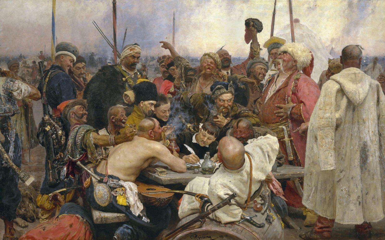 ”Zaporogkosacker skriver brev till den turkiske sultanen”, målad av den rysk-ukrainske konstnären Ilja Repin på 1880-talet. Ett av nationalromantikens mest kända verk som skildrar den rebelliska kosackandan i Ukraina. Bildkälla: Wikimedia Commons