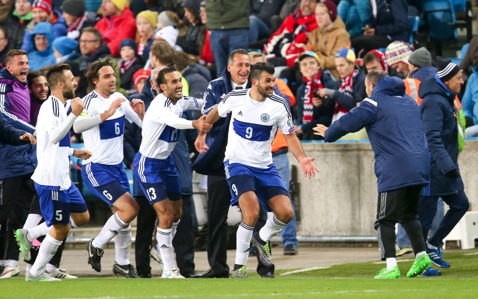 San Marino jublar efter 1–1-målet mot Norge. Foto: Bildbyrån