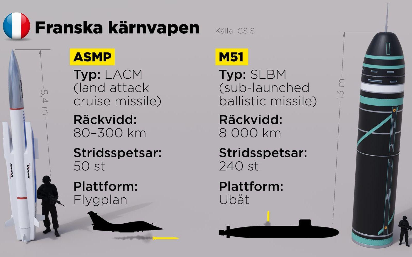 Frankrike har cirka 290 stridsspetsar i sin kärnvapenarsenal. De kan skjutas från flygplan och ubåtar.
