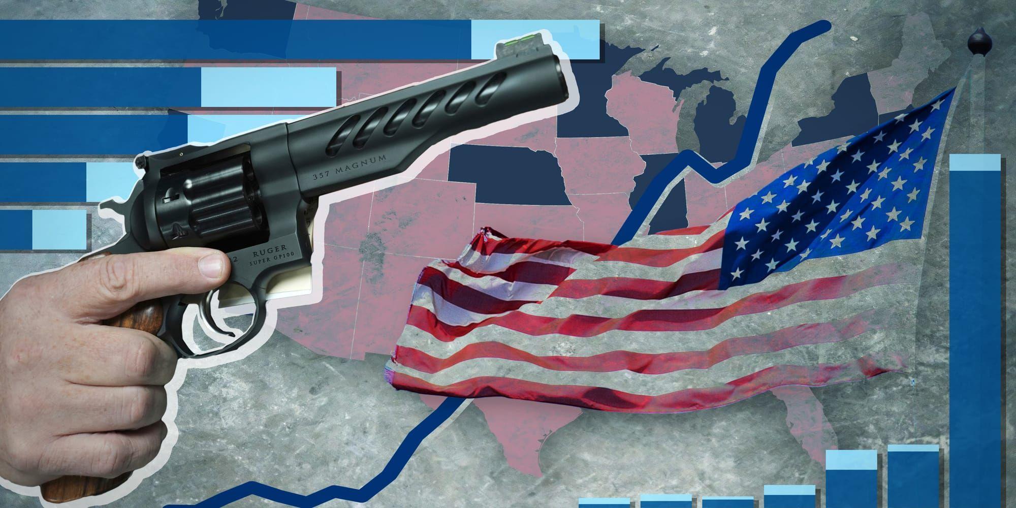 Ett kollage som visar olika statistikkurvor, den amerikanska flaggan och en hand som håller i en pistol. 