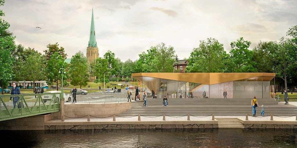 Illustration av möjlig utformning av entré vid Station Haga med Rosenlundskanalen i förgrunden.