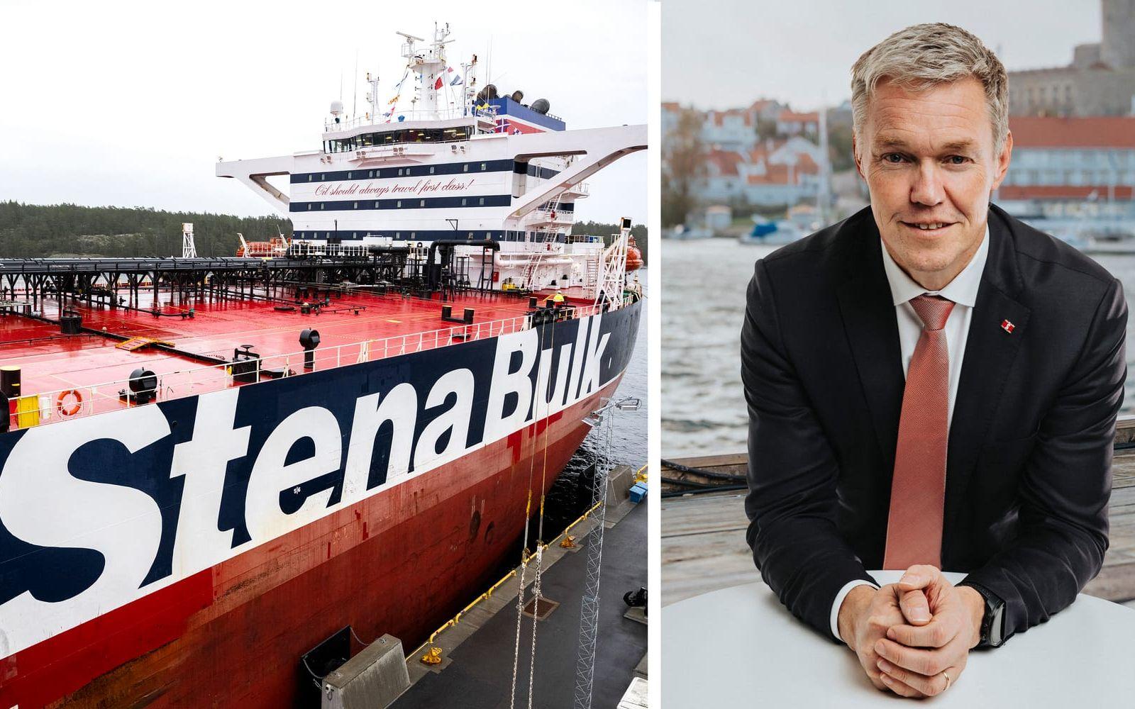 Ett Stena Bulk-fartyg (till vänster, Arkivbild) och Erik Hånell, vd till höger. Pressbild. 