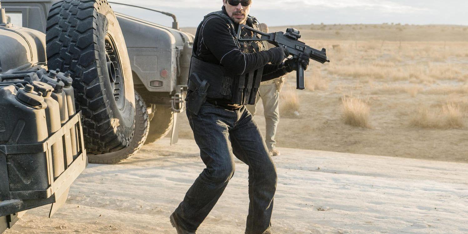 Benicio Del Toro som lönnmördaren Alejandro får fria tyglar i kriget mot kartellerna. Pressbild.