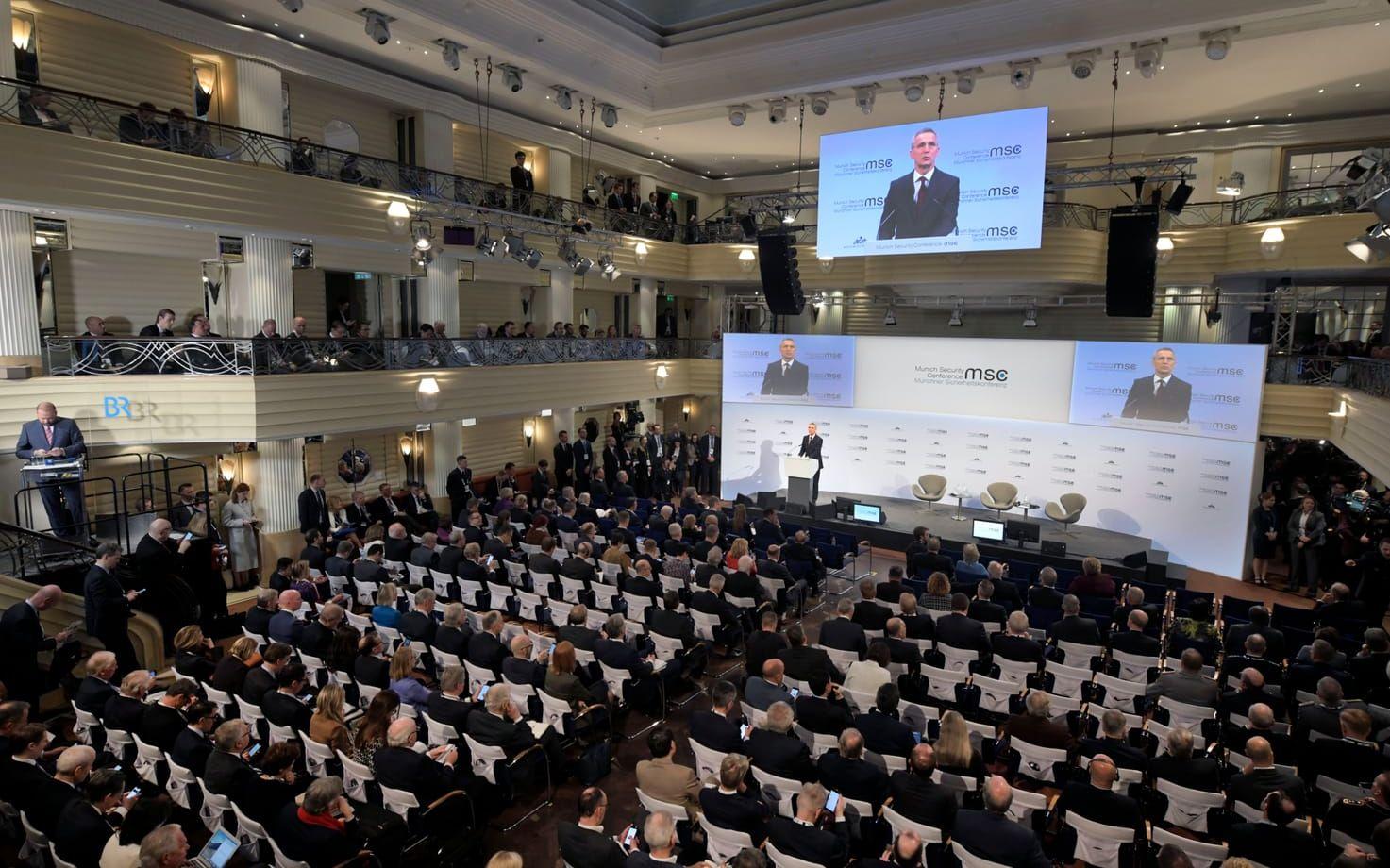 Natos generalsekreterare Jens Stoltenberg under ett tal vid säkerhetskonferensen i München 2020. Arkivbild.