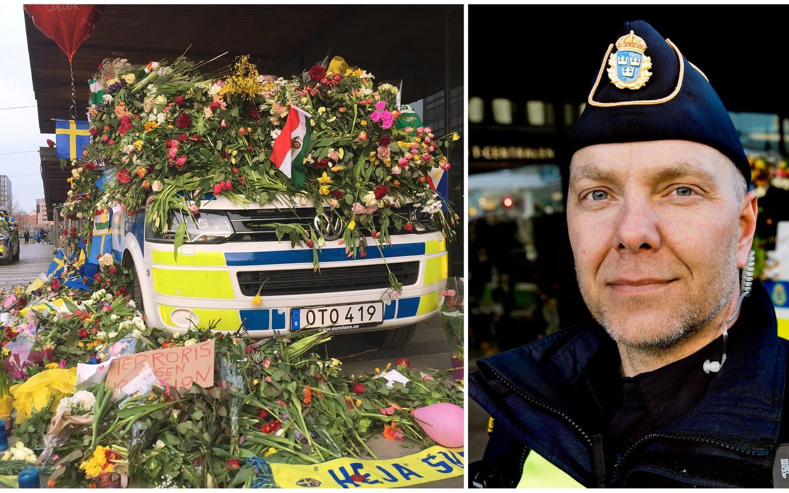Överväldigad. Göteborgspolisen Daniel Hjerpe är sambandsman i den polisavdelning som åkt till Stockholm för att stötta upp. Han har aldrig varit med om så mycket beröm och uppskattning som stockholmarna gett honom på en dag. Foto: Per Wahlberg
