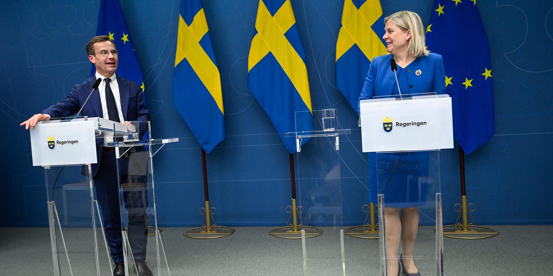 Moderaternas partiledare Ulf Kristersson och statsminister Magdalena Andersson håller pressträff om Sveriges Natoansökan. Regeringen beslutade den 16 maj att Sverige ska söka medlemskap i Nato.