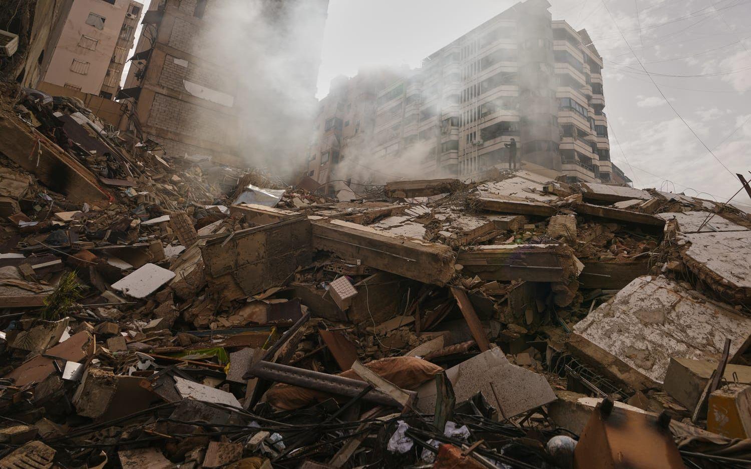Ruiner i södra Beirut, Libanon, efter en israelisk attack.