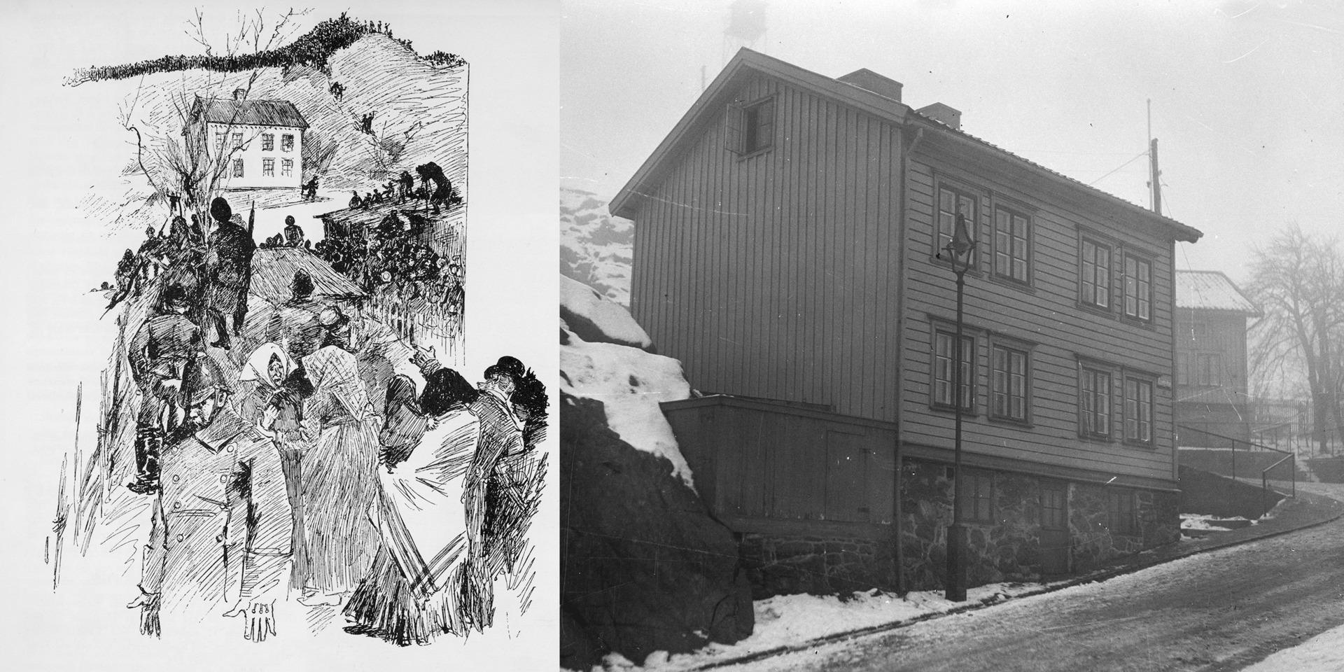 Carl Larssons illustration av Wetterlindsdramat och huset där det hela utspelade sig fotograferat 1937. 