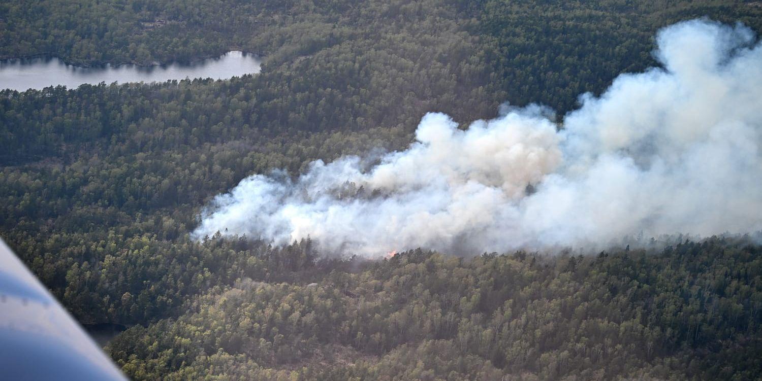 Rök som sprides över Delsjöområdet. Bild tagen från ett flygplan. 