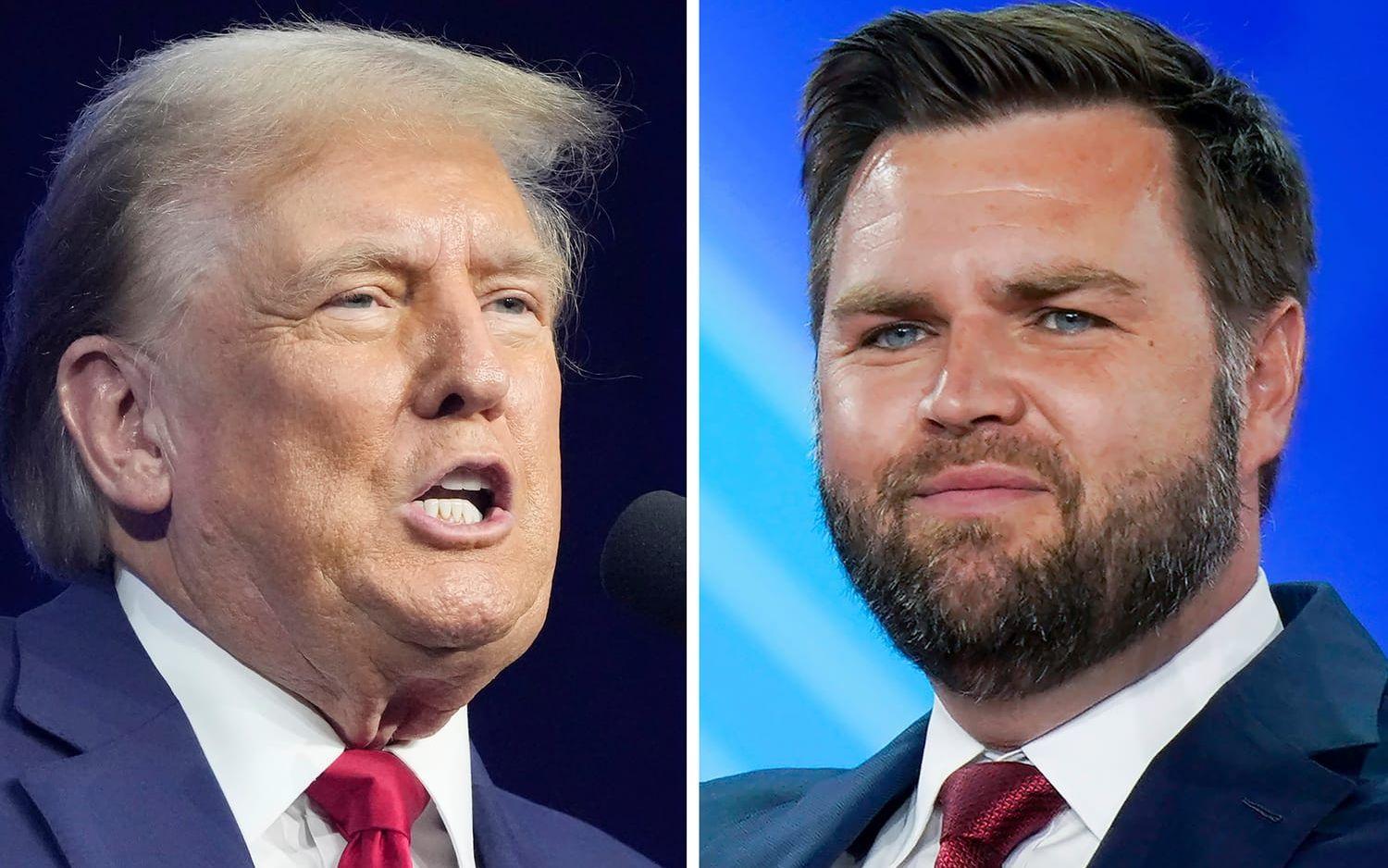 Republikanernas presidentkandidat Donald Trump och senator J D Vance, som Trump nominerat som sin vicepresidentkandidat. Arkivbild