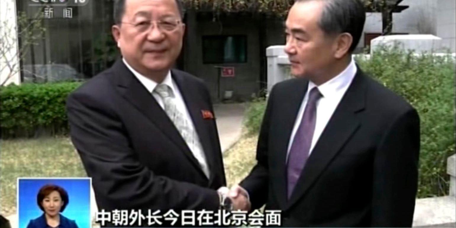 Kinas utrikesminister Wang Yi och Nordkoreas utrikesminister Ri Yong-Ho när de träffades i Peking i början av april. Arkivbild.