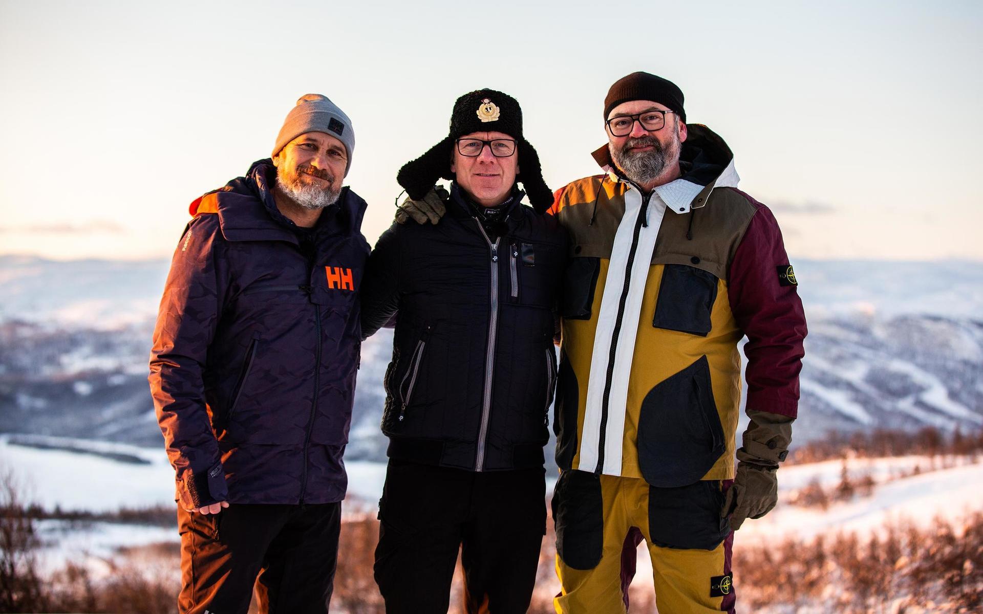 Ledartrion för ”Top Gear Sverige” i norska fjällen. Från vänster: Marko Lehtosalo, Tony Rickardsson och Adam Alsing.