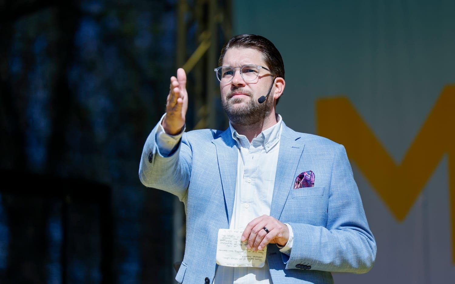 Sverigedemokraternas partiledare Jimmie Åkesson (SD) vårtalar på Långholmen i Stockholm.
