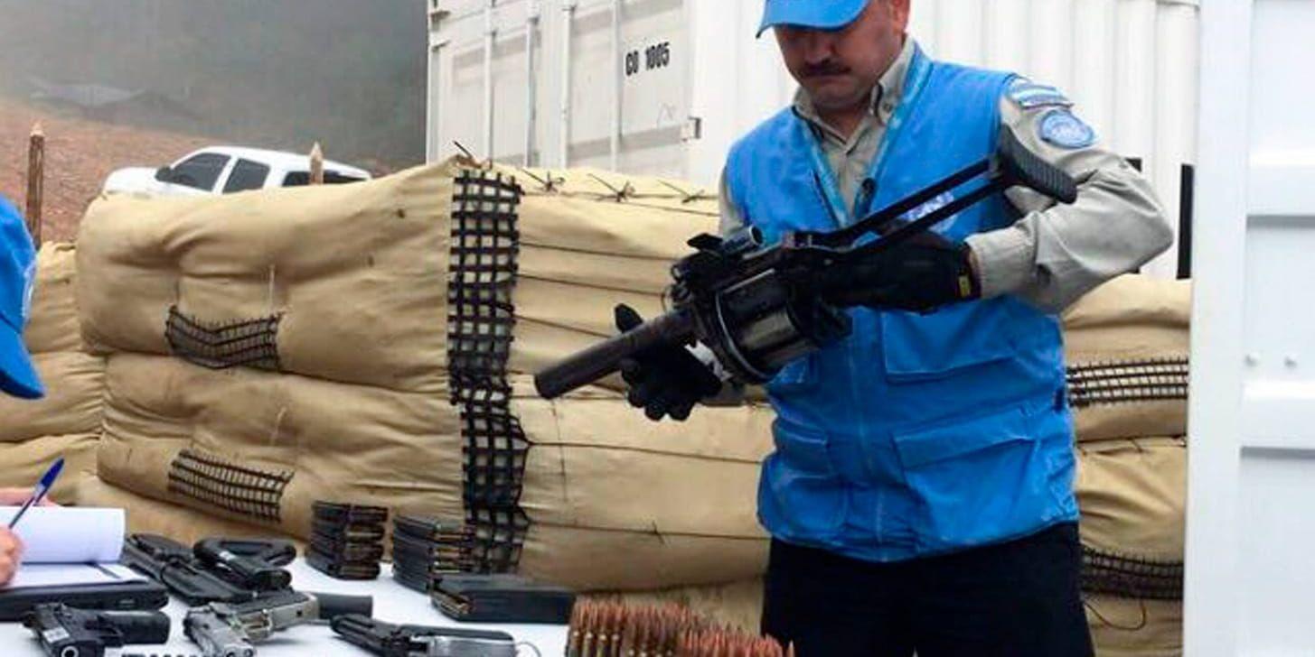 En FN-anställd i Colombia håller i ett vapen som lämnats över av Farc-rebeller.