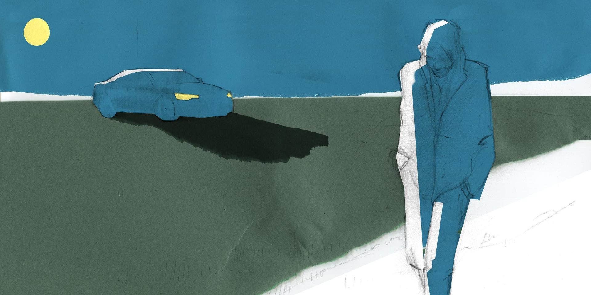 En man går ensam vid en bil. Kajsa Bergström Feiffs illustration till femte delen av Tone Schunnessons interaktiva novell ”Dö, Stockholm, dö”.