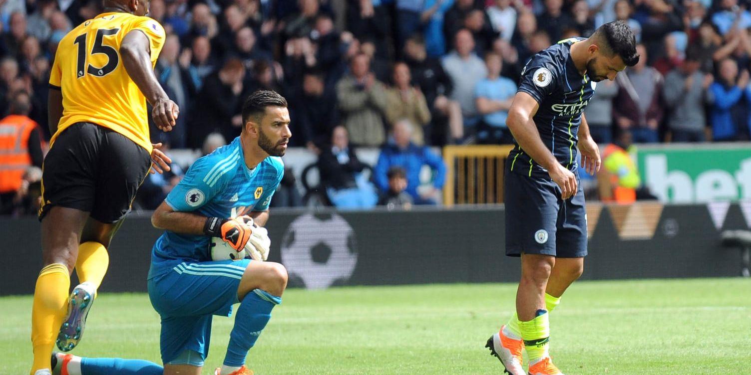 Manchester Citys Sergio Agüero, i blått, gick mållös från mötet med Wolverhampton.