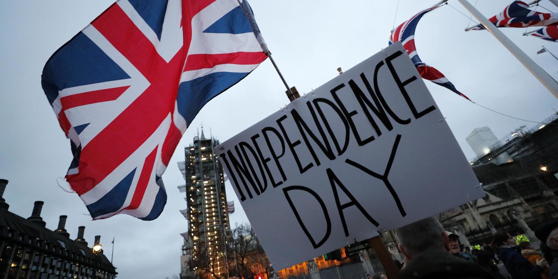 Brexitanhängare firar i London den 31 januari, dagen då Storbritannien formellt lämnade EU.