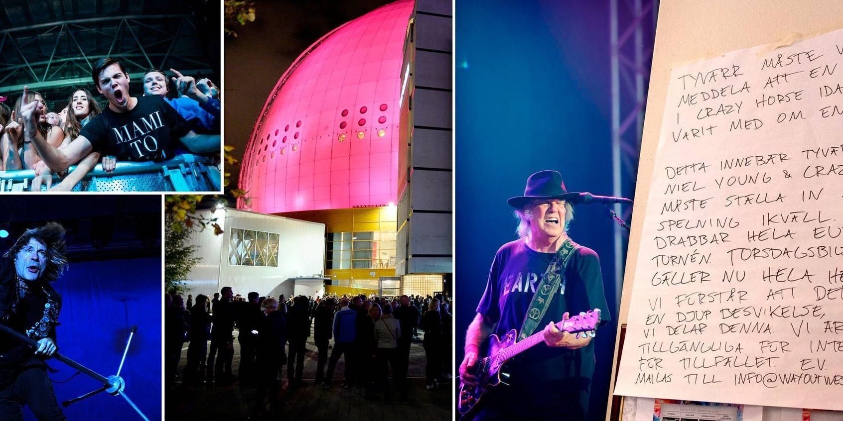 Den 20 september i fjol evakuerades Globen och U2:s konsert blev inställd (mitten). Ett par år tidigare lämnade Neil Young (t h) återbud till Way out west medan Bruce Dickinson (nere t v) och hans Iron Maiden hade ljudproblem i Friends arena. Uppe t v  besökare på Swedish House Mafias avskedsturné, som också blev ett fall för ARN.