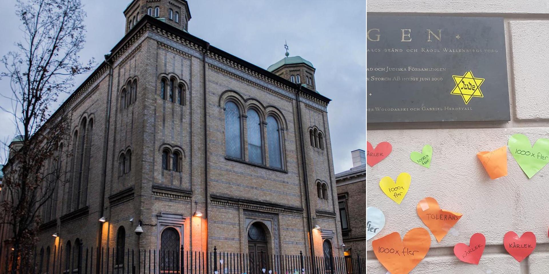 Klistermärken med en davidsstjärna sattes upp på fasader till judiska församlingar runt om i Norden. Bilden till höger från Judiska församlingen i Stockholm. En likadan sattes upp i Göteborg.