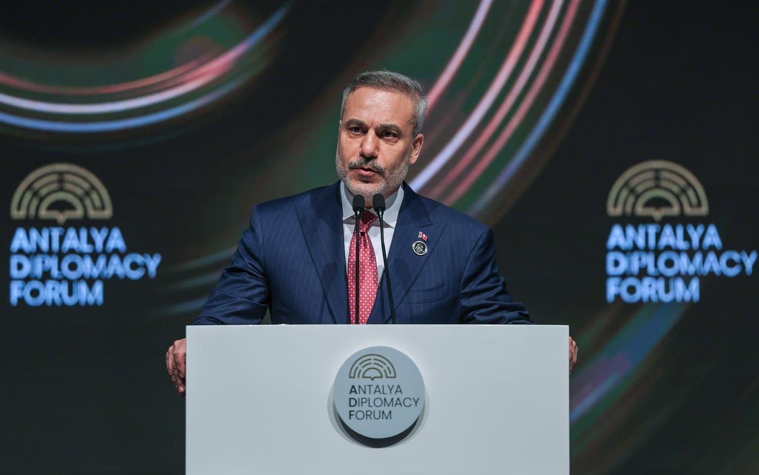 Turkiets utrikesminister Hakan Fidan talar vid en konferens i södra Turkiet på fredagen.
