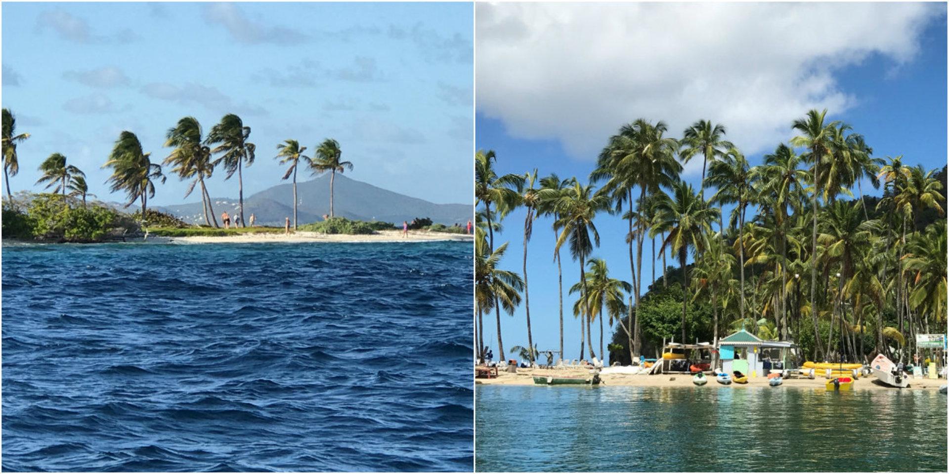 Två glimtar från den ljuvliga karibiska övärlden. Ön Petit Tabac vid Tobago Cays, St Vincent. (till vänster) och Marigot Harbour på  St Lucia (till höger).