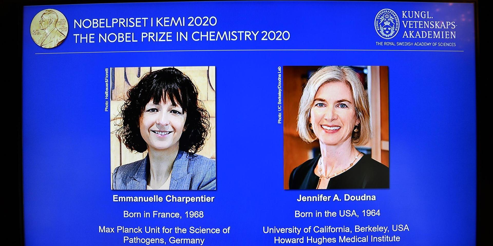 Emmanuelle Charpentier och Jennifer A Doudna tilldelas 2020 års Nobelpris i kemi.