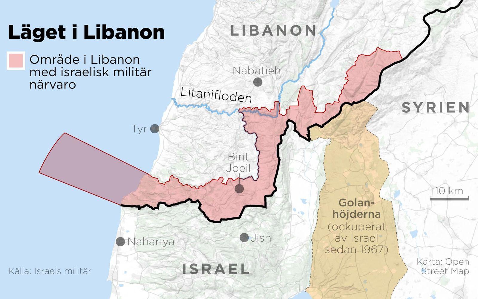 Kartan visar det område i södra Libanon där Israel har militär närvaro.