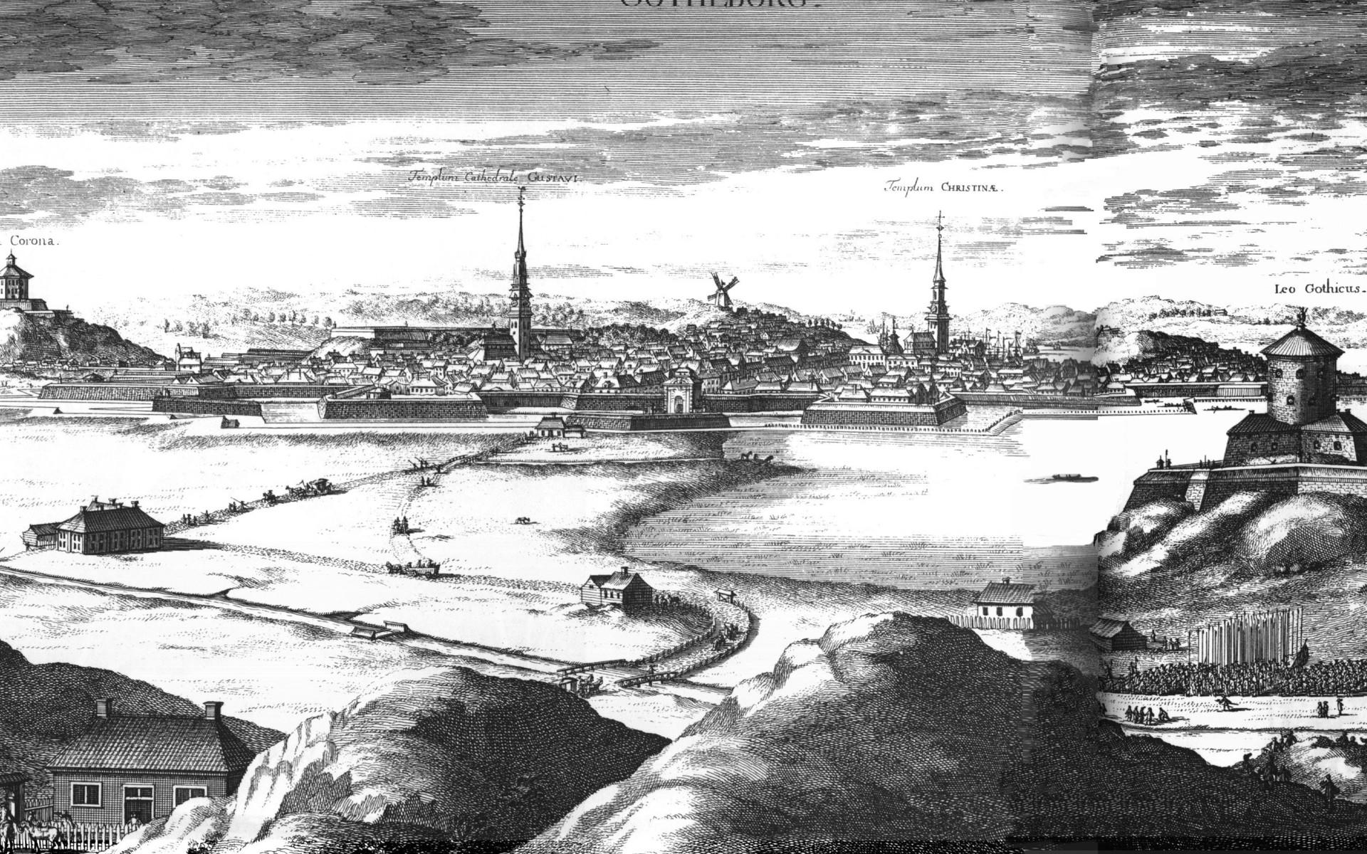 Göteborg från öster i slutet av 1600-talet. Göteborg tycks vara mer fästning än stad. Ur Erik Dahlbergs ”Suecia  antiqua et hodierna”. 