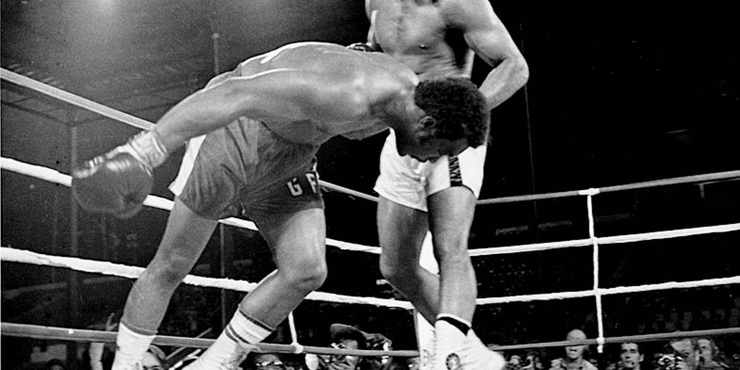 Utmanaren Muhammad Ali ser den regerande tungviktsvärldsmästaren George Foreman gå i golvet i Kinshasa, Zaire, 30 oktober, 1974. Foreman räknas ut av domaren och Ali övertar titeln.