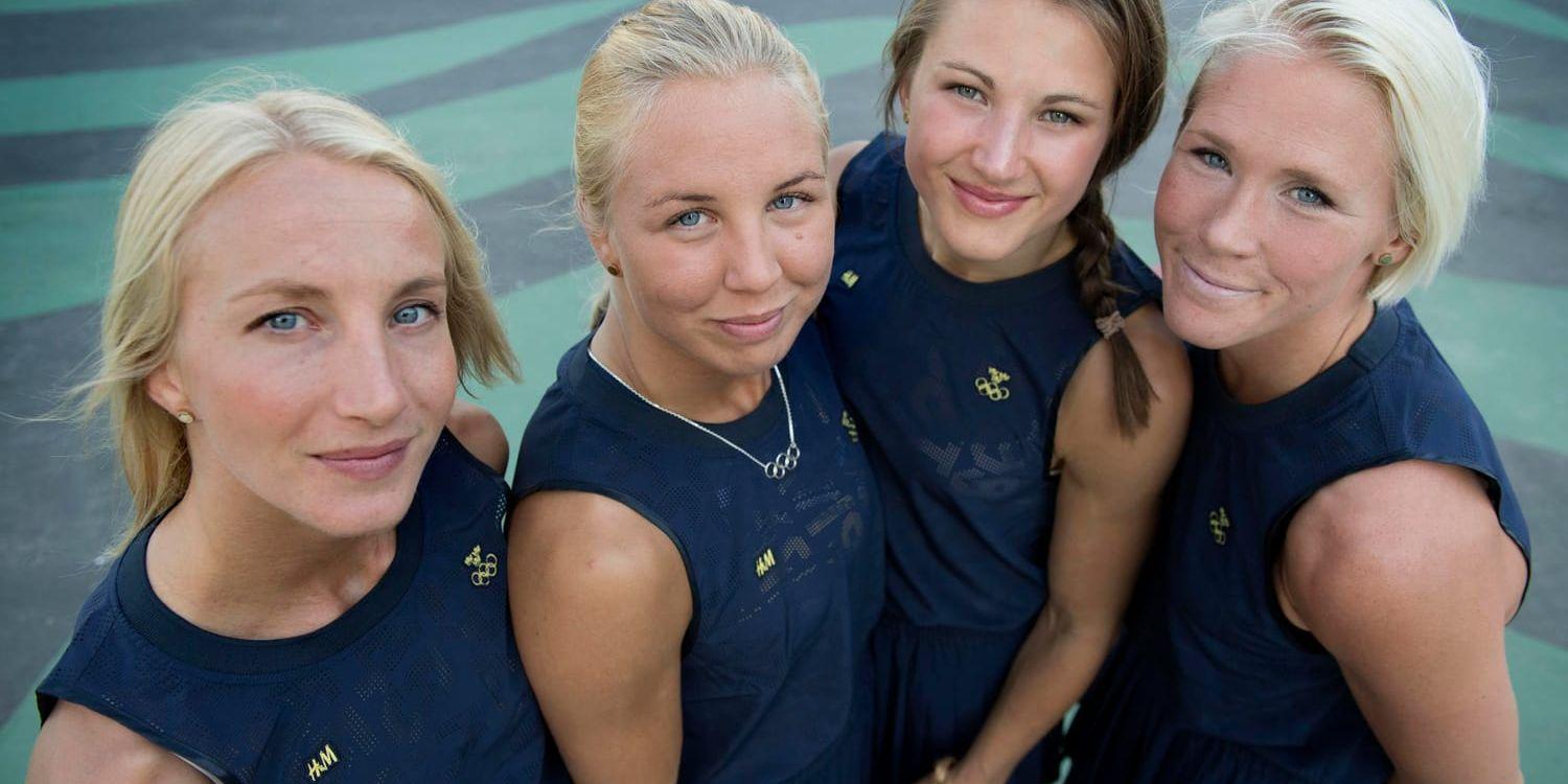 Sofia Mattsson, Henna Johansson, Johanna Mattsson och Jenny Fransson i OS-byn.